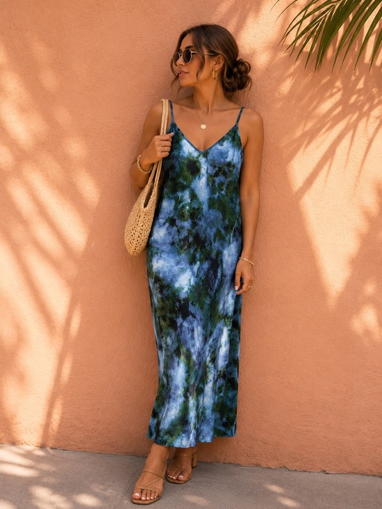 wild fable Dresses & Skirts - Wild Fable Watercolor Slip Dress Satin Feel Y2K Coastal Vacation Midi Medium